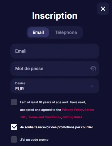 Snel formulier om een spelersaccount aan te maken